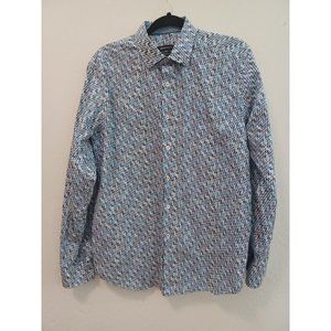 Bugatchi Shirt Mens Sz M Blue Geometric Long Sleeve Classic Fit Cotton Button Up